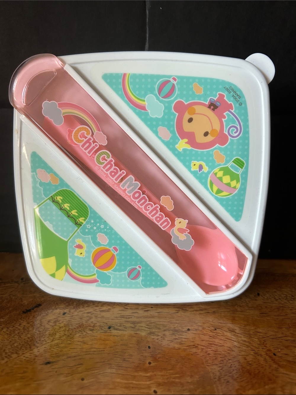 SANRIO Chi Chai Monchan 2007 Plastic Lunch Snack Container with Pink Utensils
